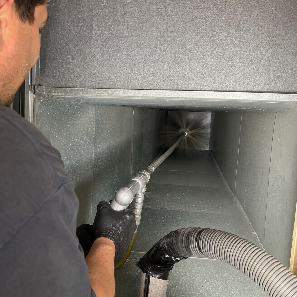 Technician using professional rotating brush equipment for residential air duct cleaning