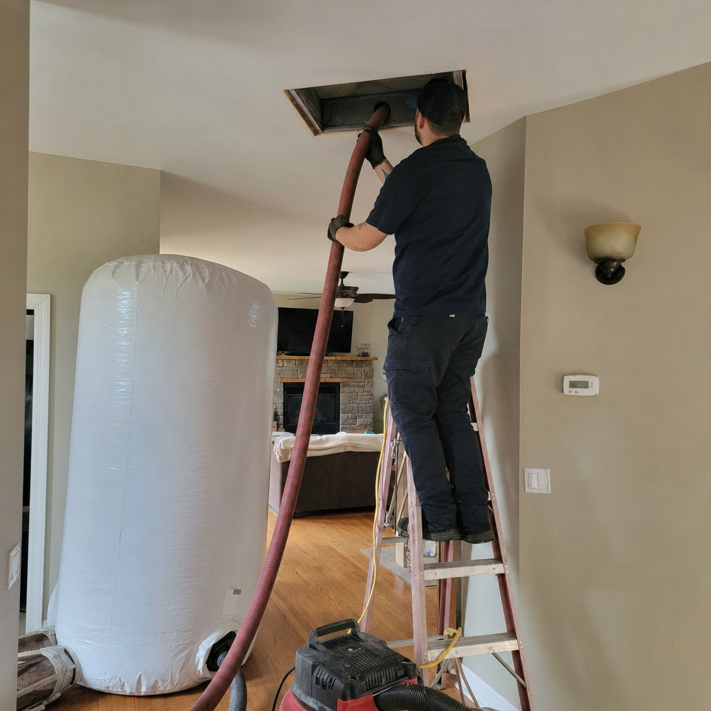 Technician performing professional residential air duct cleaning with vacuum equipment