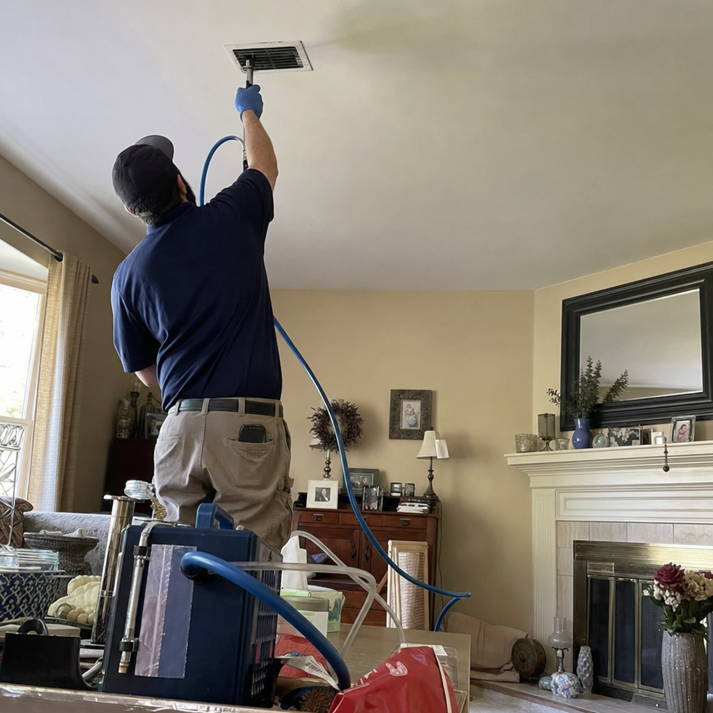 Professional air duct technician cleaning ceiling vent with sanitizing equipment in Columbus, OH