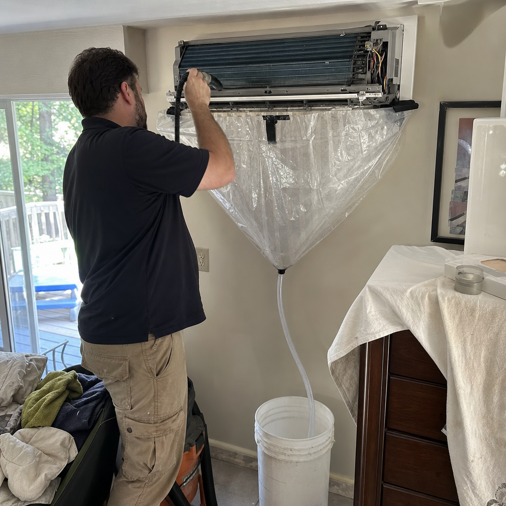 Technician performing professional mini-split HVAC cleaning with a protective collection bag